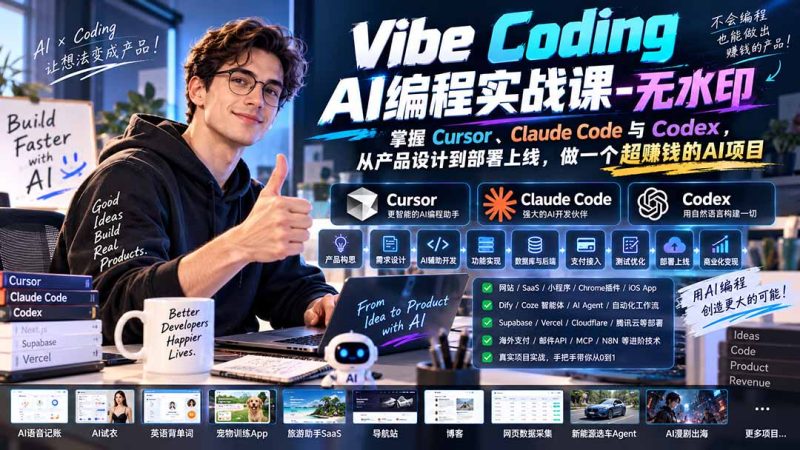 Vibe Coding AI编程实战课-无水印:掌握Cursor、Claude Code与Codex,从产品设计到部署上线,做一个超赚钱的AI项目-初遇资源网