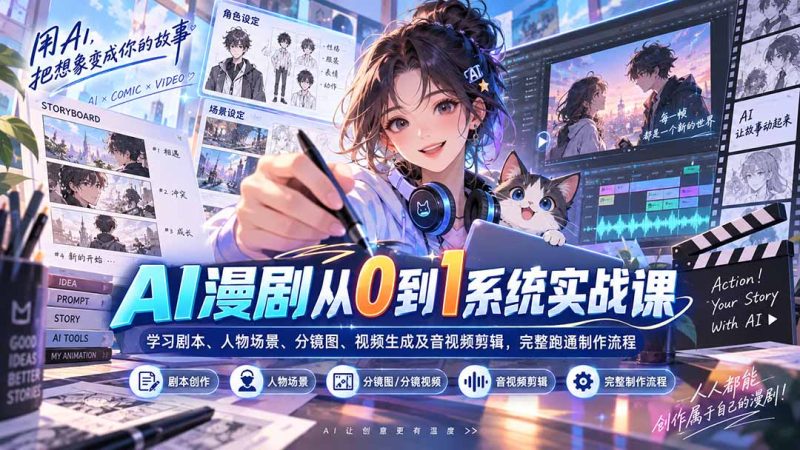 AI漫剧从0到1系统实战课:学习剧本、人物场景、分镜图、视频生成及音视频剪辑,完整跑通制作流程-初遇资源网