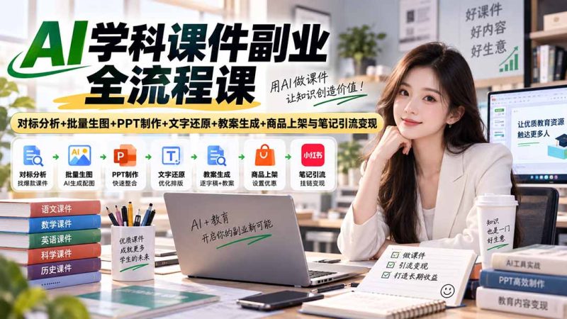 AI学科课件副业全流程课|对标分析+批量生图+PPT制作+文字还原+教案生成+商品上架与笔记引流变现-初遇资源网