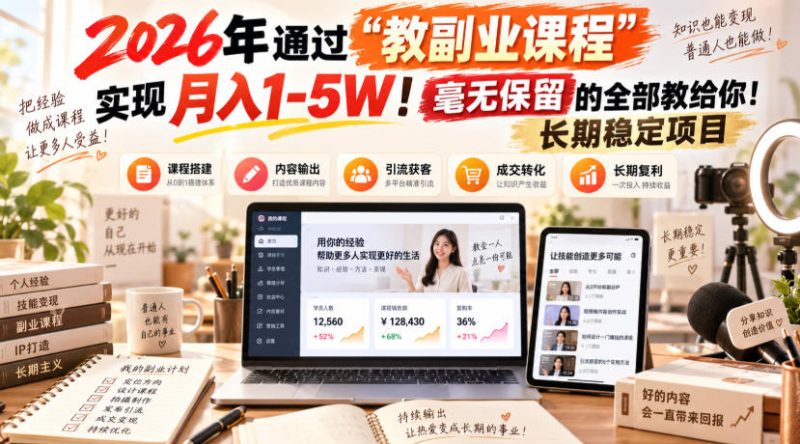 2026年通过“教副业课程”实现月入1-5W!毫无保留的全部教给你!长期稳定项目-初遇资源网