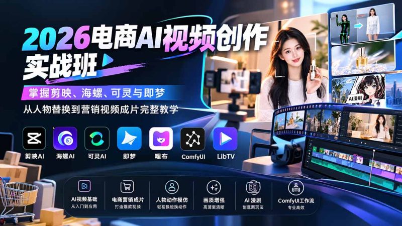 2026电商AI视频创作实战班：掌握剪映、海螺、可灵与即梦，从人物替换到营销视频成片完整教学-初遇资源网