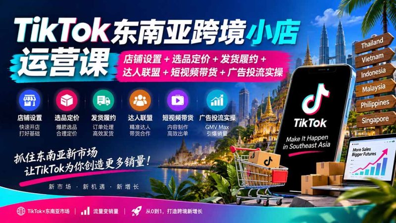 TikTok东南亚跨境小店运营课:店铺设置+选品定价+发货履约+达人联盟+短视频带货+广告投流实操-初遇资源网