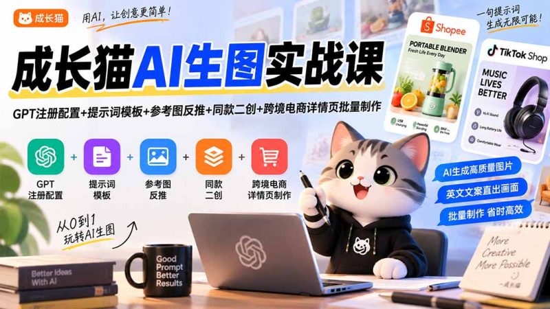 成长猫AI生图实战课|GPT注册配置+提示词模板+参考图反推+同款二创+跨境电商详情页批量制作-初遇资源网