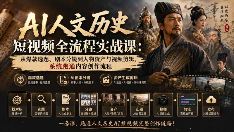 AI人文历史短视频全流程实战课-更新：从爆款选题、剧本分镜到人物资产与视频剪辑，系统跑通内容创作流程-初遇资源网