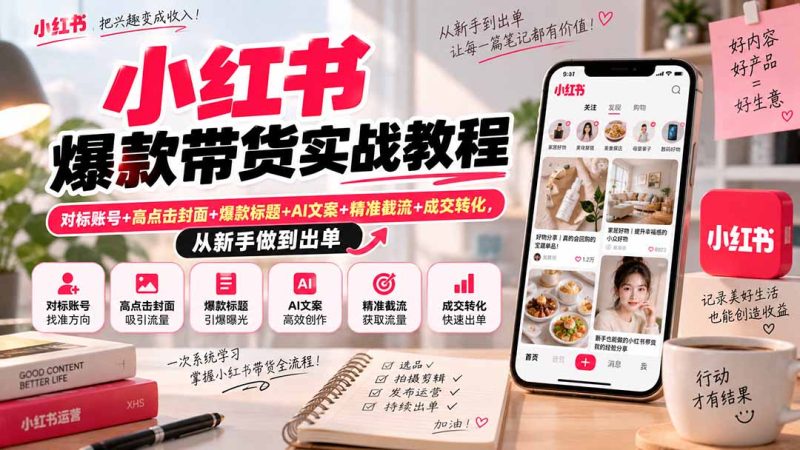 小红书爆款带货实战教程｜对标账号+高点击封面+爆款标题+AI文案+精准截流+成交转化，从新手做到出单-初遇资源网
