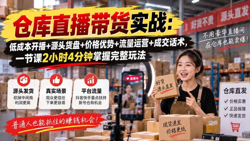 仓库直播带货实战:低成本开播+源头货盘+价格优势+流量运营+成交话术,一节课2小时4分钟掌握完整玩法-初遇资源网