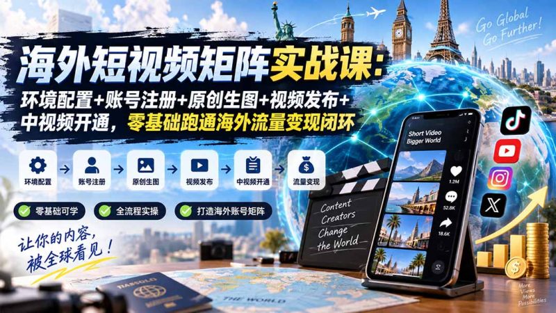 海外短视频矩阵实战课:环境配置+账号注册+原创生图+视频发布+中视频开通,零基础跑通海外流量变现闭环-初遇资源网