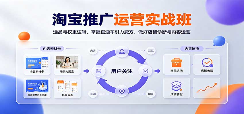 淘宝推广运营实战班：选品与权重逻辑，掌握直通车引力魔方，做好店铺诊断与内容运营 - 福缘网