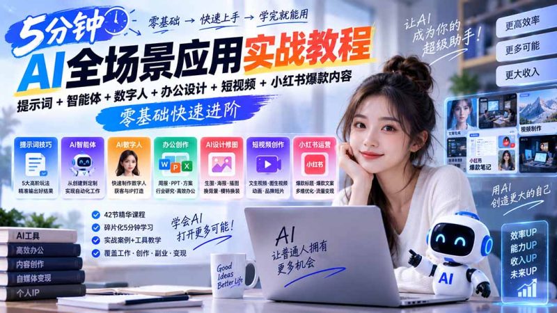 AI全场景应用实战教程|提示词+智能体+数字人+办公设计+短视频+小红书爆款内容,零基础快速进阶-初遇资源网