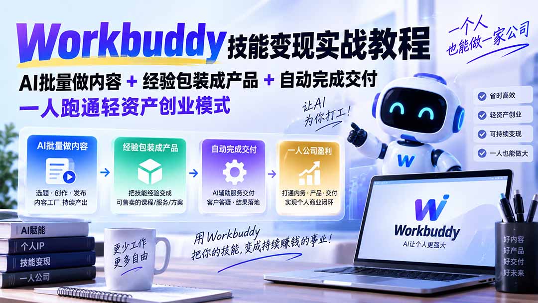 Workbuddy技能变现实战教程：AI批量做内容+经验包装成产品+自动完成交付，一人跑通轻资产创业模式 - 中创网