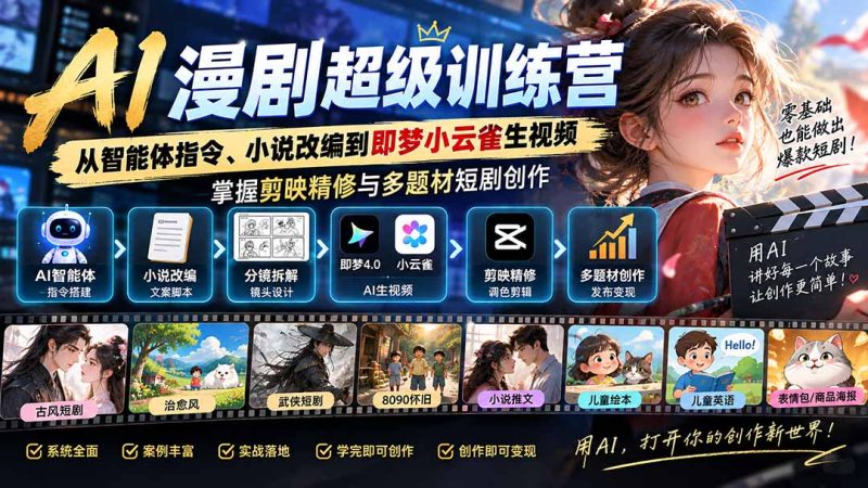 AI漫剧超级特训营:从智能体指令、小说改编到即梦小云雀生视频,掌握剪映精修与多题材短剧创作-初遇资源网