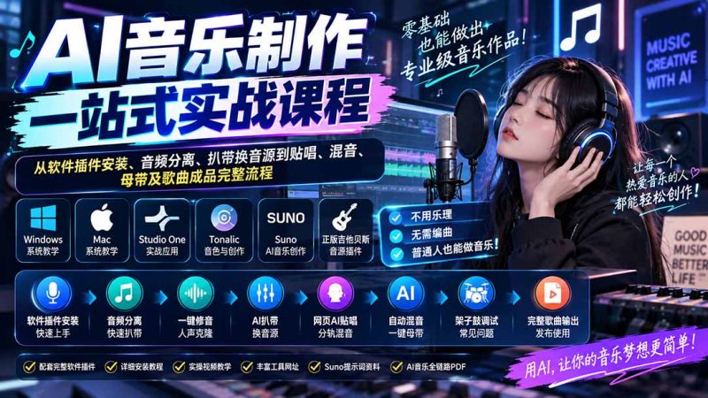 AI音乐制作一站式实战课程:从软件插件安装、音频分离、扒带换音源到贴唱、混音、母带及歌曲成品完整流程-初遇资源网