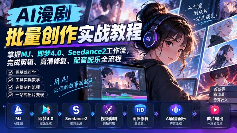 AI漫剧批量创作实战教程：掌握MJ、即梦4.0、Seedance2工作流，完成剪辑、高清修复、配音配乐全流程-初遇资源网