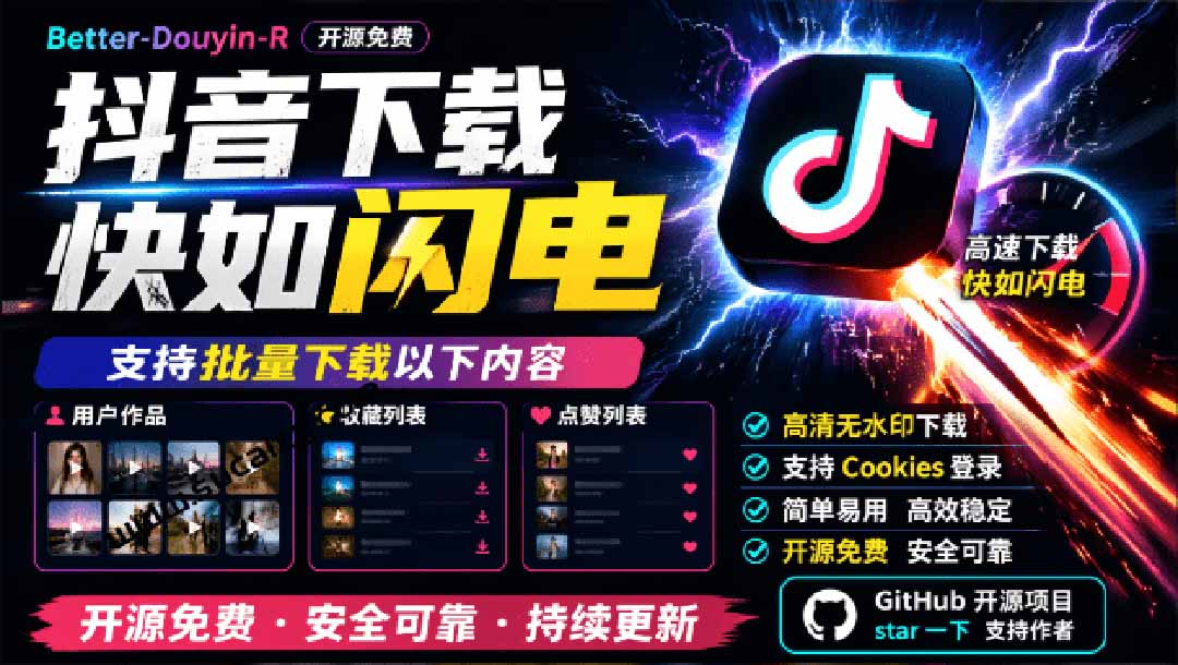 超级好用！D音视频下载神器，支持批量下载用户作品收藏列表和点赞列表，开源免费 Better-douyin-R - 中创网