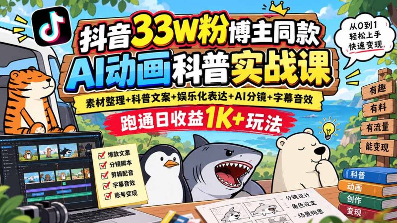 抖音33W粉博主同款AI动画科普实战课|素材整理+科普文案+娱乐化表达+AI分镜+字幕音效,跑通日收益1K+玩法-初遇资源网