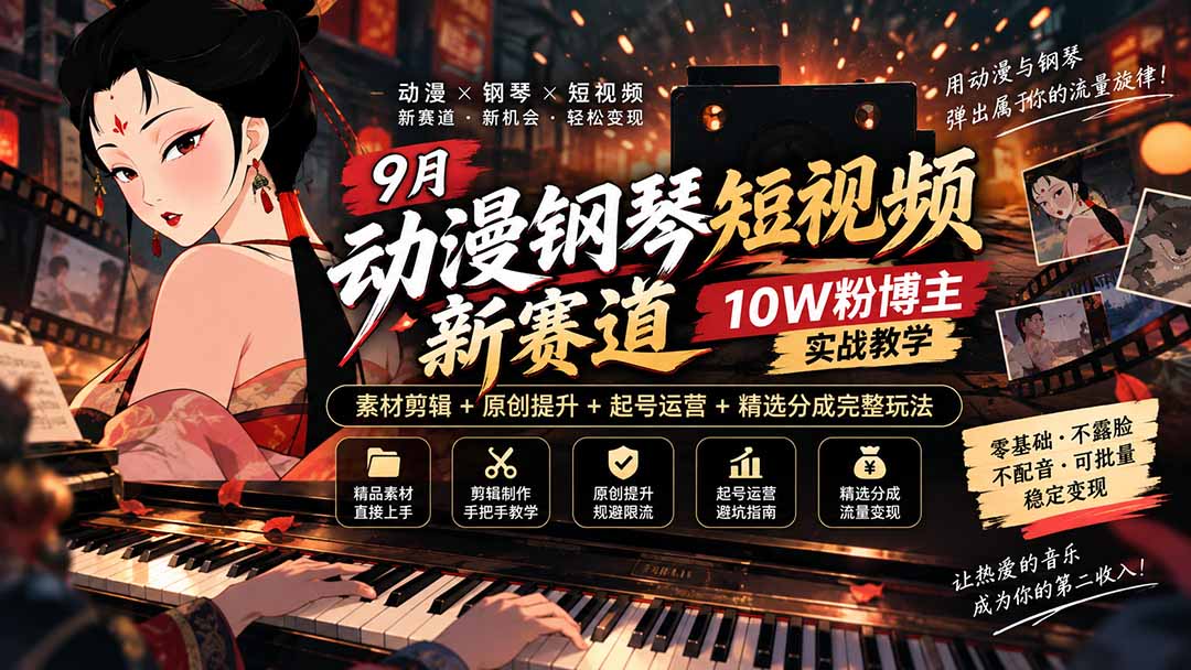 9月动漫钢琴短视频新赛道｜10W粉博主实战教学，素材剪辑+原创提升+起号运营+精选分成完整玩法 - 中创网