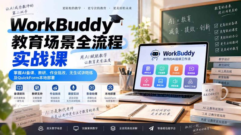 WorkBuddy教育场景全流程实战课:掌握AI备课、教研、作业批改、无生试讲陪练及QuickForm本地部署-初遇资源网