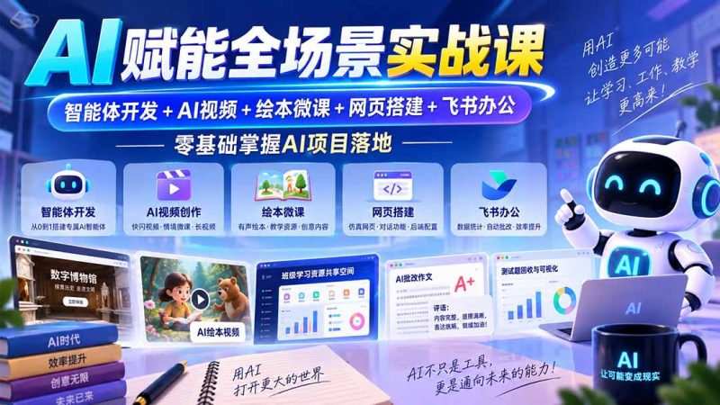 AI赋能全场景实战课|智能体开发+AI视频+绘本微课+网页搭建+飞书办公,零基础掌握AI项目落地-初遇资源网