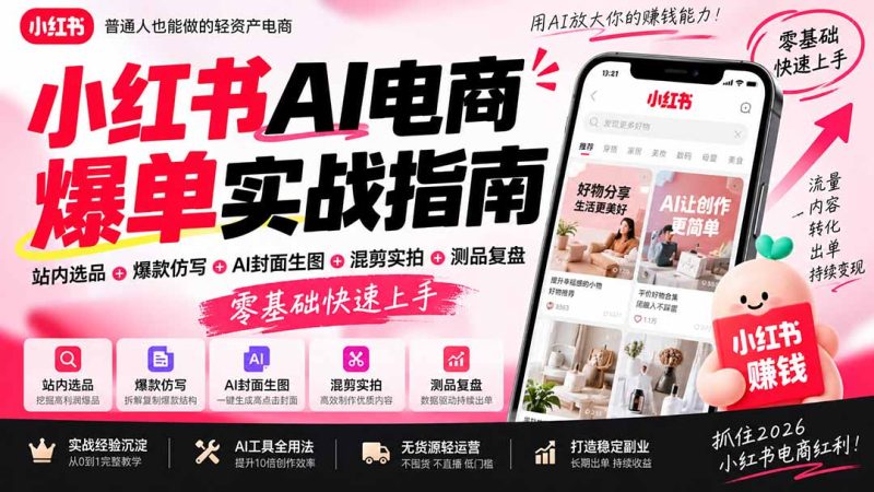 2026小红书AI电商爆单实战指南：站内选品+爆款仿写+AI封面生图+混剪实拍+测品复盘，零基础快速上手-初遇资源网