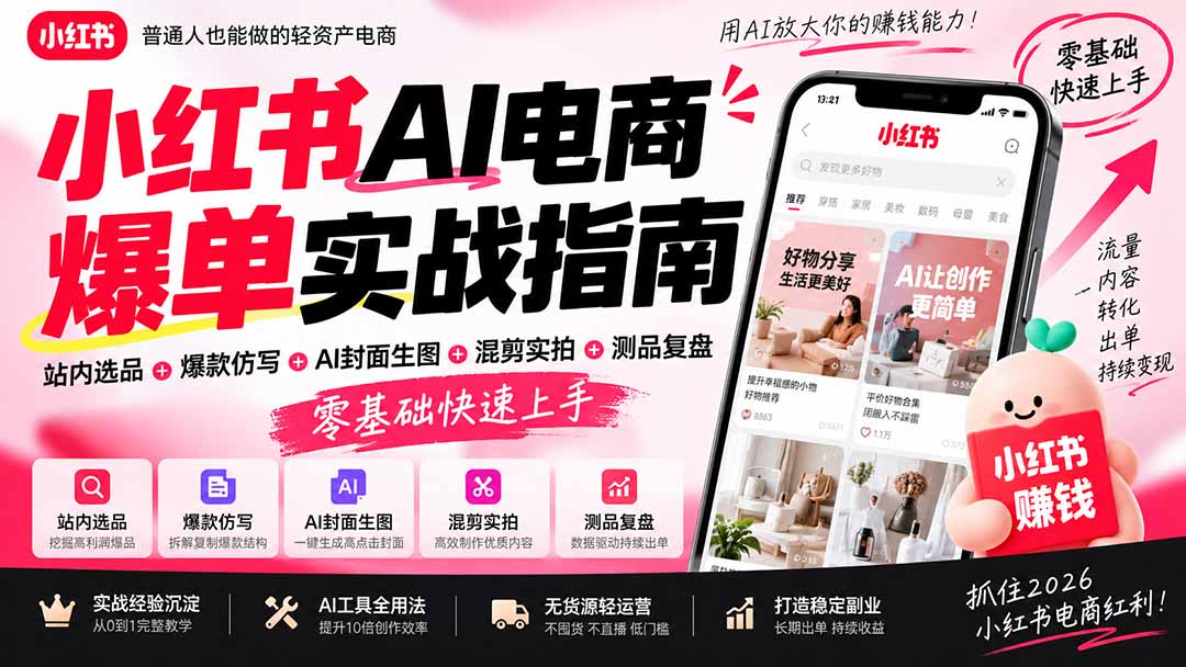 2026小红书AI电商爆单实战指南：站内选品+爆款仿写+AI封面生图+混剪实拍+测品复盘，零基础快速上手 - 中创网