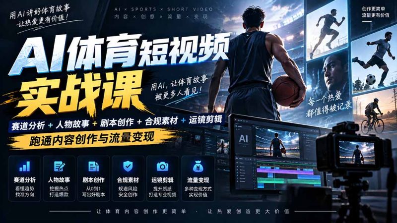 AI体育短视频赛道顶级玩法|赛道分析+人物故事+剧本创作+版权处理+运镜剪辑,跑通流量变现-日赚1K+-初遇资源网