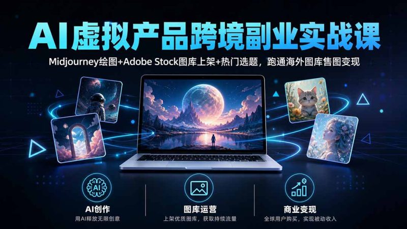 AI虚拟产品跨境副业实战课｜Midjourney绘图+Adobe Stock图库上架+热门选题，跑通海外图库售图变现-初遇资源网