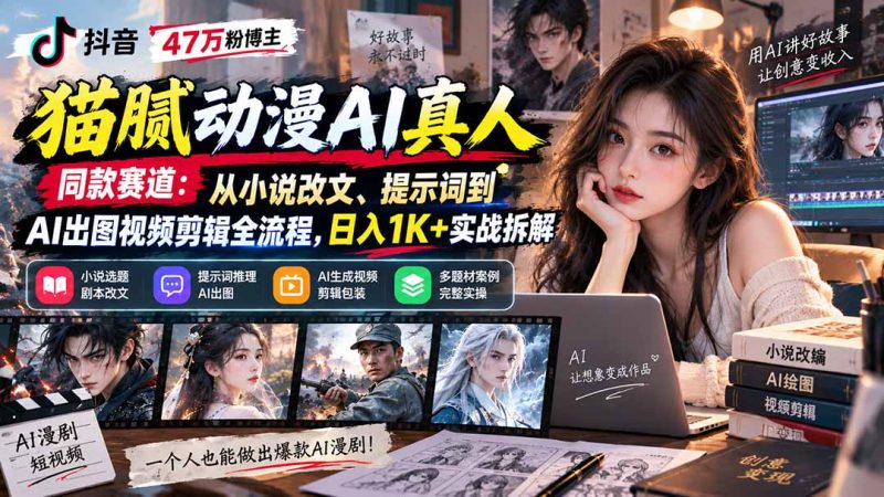 抖音47万粉博主猫腻动漫AI真人同款赛道:从小说改文、提示词到AI出图视频剪辑全流程,日入1K+实战拆解-初遇资源网