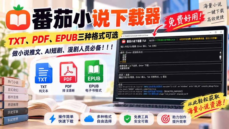 番茄小说下载器，TXT、PDF、EPUB三种格式可选，做小说推文、AI短剧、漫剧人员必备！-初遇资源网