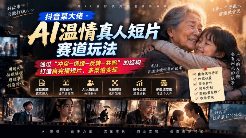 抖音某大佬-AI温情真人短片赛道玩法:通过“冲突—情绪—反转—共鸣”的结构打造高完播短片,多渠道变现-初遇资源网