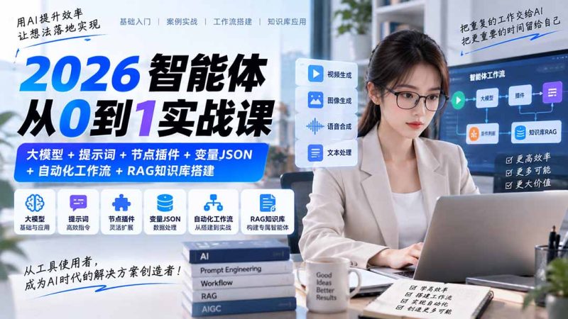 2026智能体从0到1实战课|大模型+提示词+节点插件+变量JSON+自动化工作流+RAG知识库搭建-初遇资源网