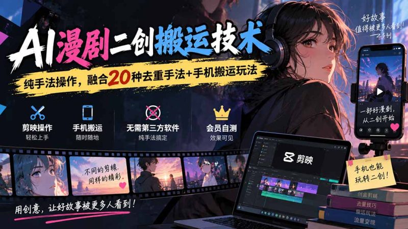AI漫剧二创搬运技术，纯手法操作，融合20种去重手法++手机搬运玩法-初遇资源网