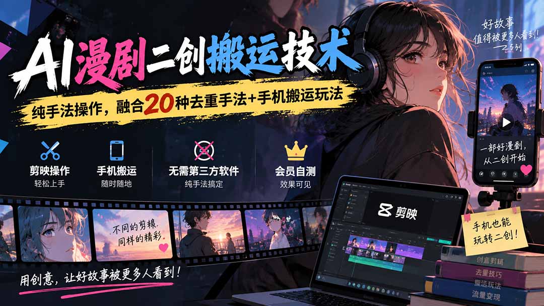 AI漫剧二创搬运技术，纯手法操作，融合20种去重手法++手机搬运玩法 - 中创网