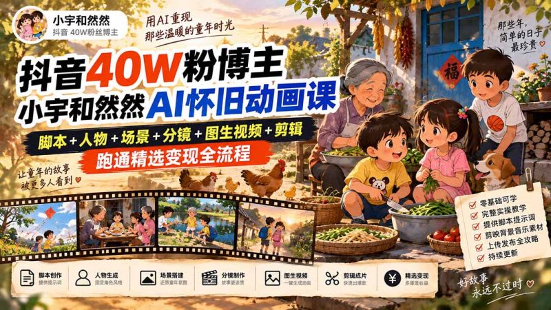 抖音40W粉博主小宇和然然AI怀旧动画课|脚本+人物+场景+分镜+图生视频+剪辑,跑通精选变现全流程-初遇资源网
