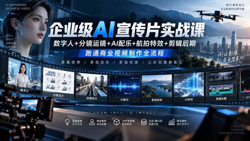 企业级AI宣传片实战课|数字人+分镜运镜+AI配乐+航拍特效+剪辑后期,跑通商业视频制作全流程-初遇资源网