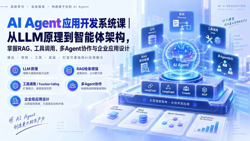AI Agent应用开发系统课-179节|从LLM原理到智能体架构,掌握RAG、工具调用、多Agent协作与企业应用设计-初遇资源网