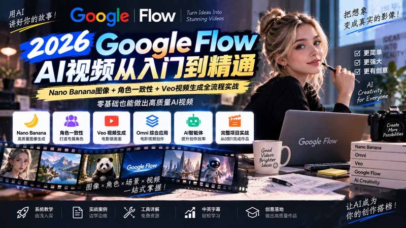 【无水印】Google Flow AI视频从入门到精通:Nano Banana图像+角色一致性+Veo视频生成全流程实战-精翻中英字幕-初遇资源网