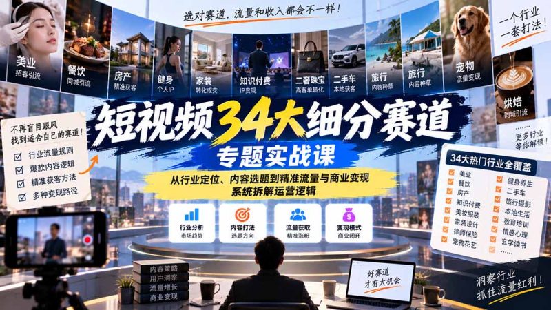 短视频34大细分赛道专题实战课:从行业定位、内容选题到精准流量与商业变现,系统拆解运营逻辑-初遇资源网