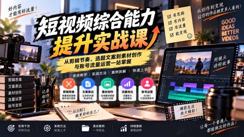 短视频综合能力提升实战课:从剪辑节奏、选题文案到素材创作与账号流量运营一站掌握-初遇资源网