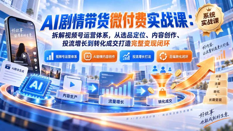 AI剧情带货微付费实战课:拆解视频号运营体系,从选品定位、内容创作、投流增长到转化成交打造完整变现闭环-初遇资源网