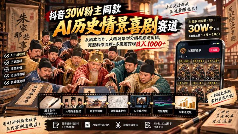 抖音30W粉博主同款AI历史情景喜剧赛道:从剧本创作、人物场景到分镜视频与剪辑,完整制作流程+多渠道变现日入1000+-初遇资源网