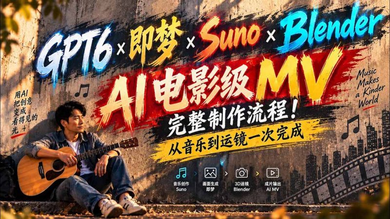 GPT6×即梦×Suno×Blender｜AI电影级MV完整制作流程！从音乐到运镜一次完成 (无水印)-初遇资源网