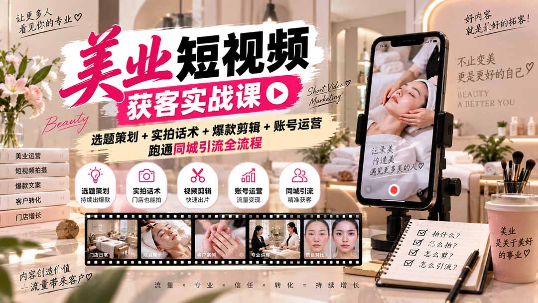 美业短视频获客实战课-无水印：选题策划+实拍话术+爆款剪辑+账号运营，跑通同城引流全流程 - 中创网