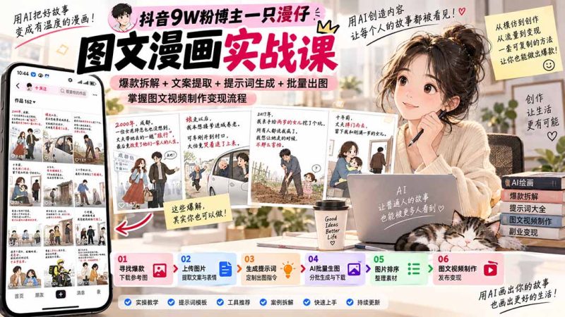 抖音9W粉博主一只漫仔图文漫画课:爆款拆解+文案提取+提示词生成+批量出图,掌握图文视频制作变现流程-初遇资源网