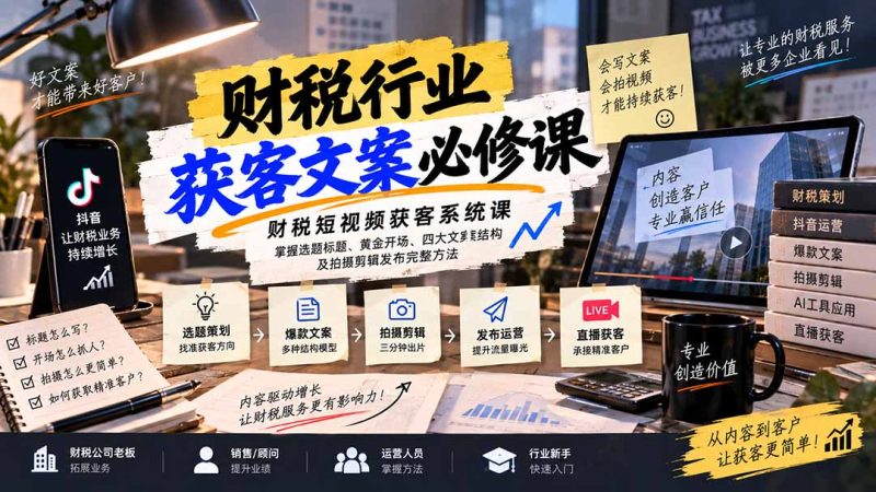 财税短视频获客系统课:掌握选题标题、黄金开场、四大文案结构及拍摄剪辑发布完整方法-初遇资源网