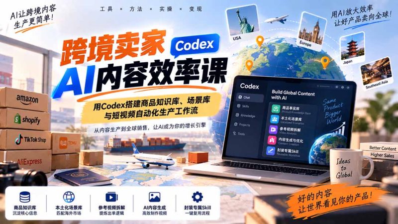 跨境卖家AI内容效率课:用Codex搭建商品知识库、场景库与短视频自动化生产工作流-初遇资源网
