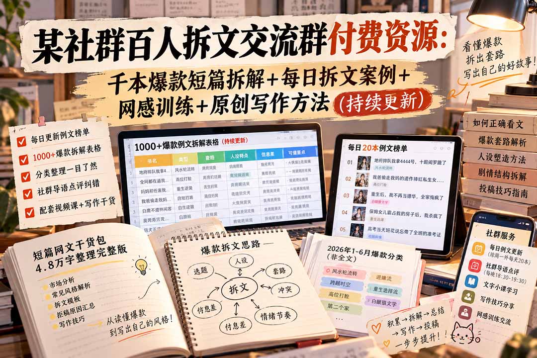 某社群百人拆文交流群付费资源：千本爆款短篇拆解+每日拆文案例+网感训练+原创写作方法 (持续更新) - 中创网