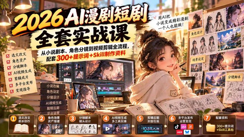 2026AI漫剧短剧全套实战课：从小说剧本、角色分镜到视频剪辑全流程，配套300+提示词+Skill制作资料-初遇资源网