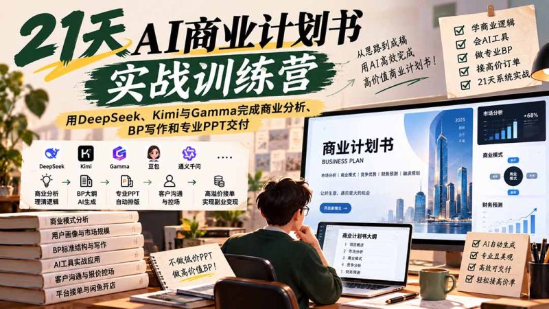 【无水印】21天AI商业计划书实战训练营:用DeepSeek、Kimi与Gamma完成商业分析、BP写作和专业PPT交付-初遇资源网