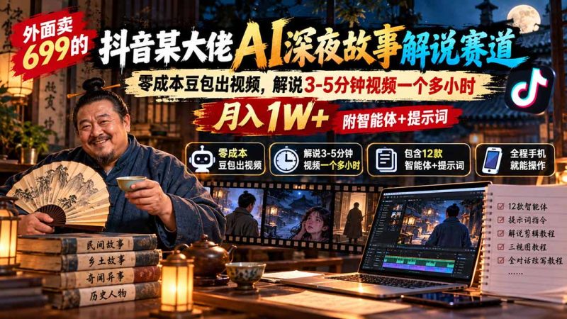 外面卖699的抖音某大佬AI深夜故事解说赛道:零成本豆包出视频,解说3-5分钟视频一个多小时,月入1W+附智能体+提示词-初遇资源网