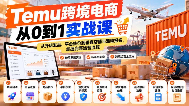 【无水印】Temu跨境电商从0到1实战课:从开店发品、平台核价到垂直店铺与活动报名,掌握完整运营流程-初遇资源网